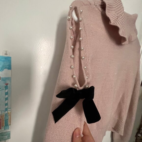 Ank Rouge Pink Heart Cable Knit Cold Shoulder Ruffle Turtleneck Sweater - Picture 5 of 5